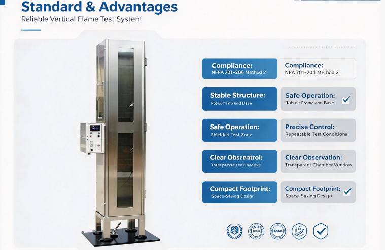 Vertical Flame Propagation Test Equipment for Multi-layer Fabrics Plastic Films Area Density >700g/m²